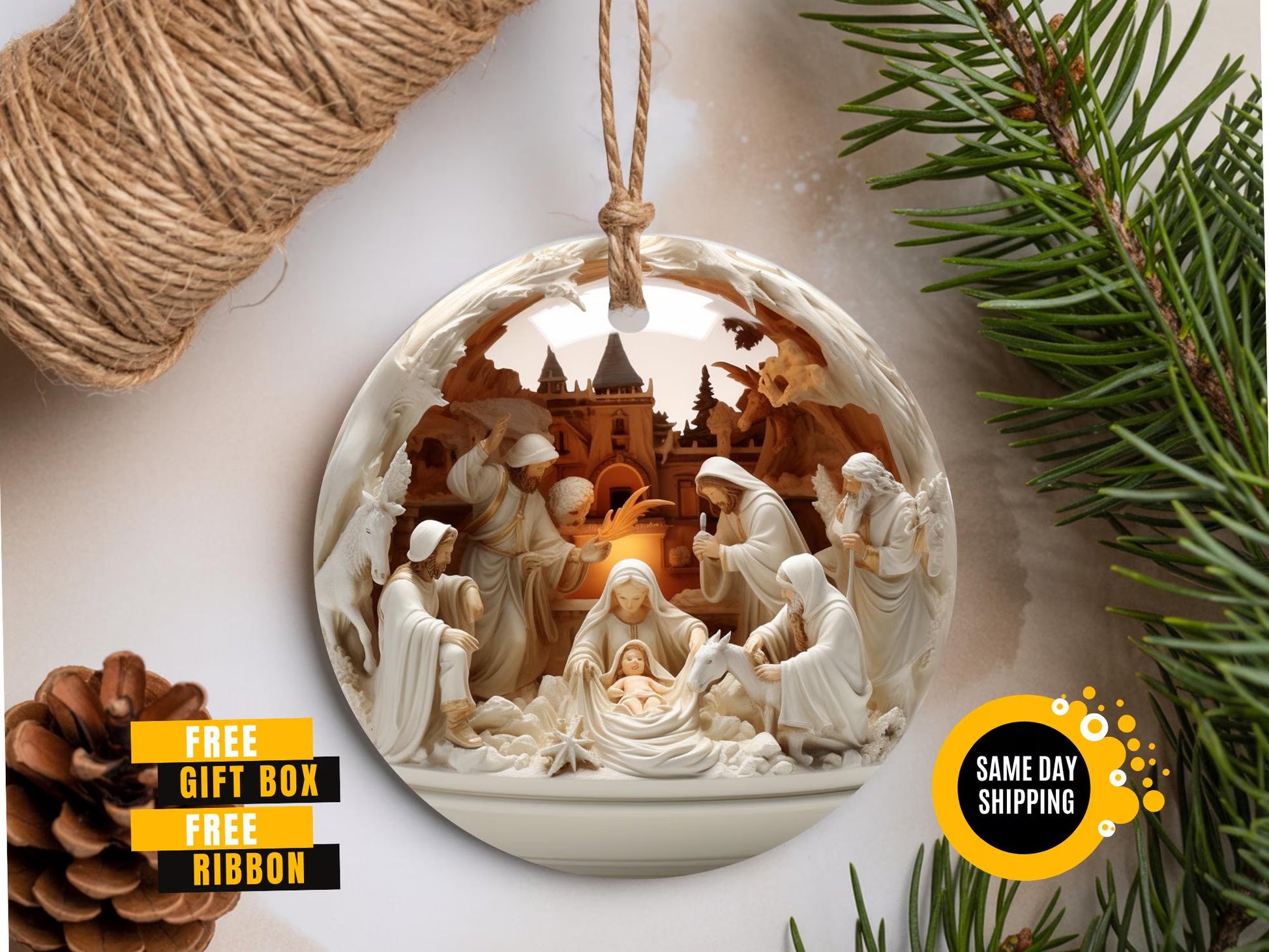 Nativity Christmas Ceramic Ornament, Christian Christmas Keepsake, the Greatest Gift of All Ornament, 3Deffect Flat Ornament Not Glass Globe