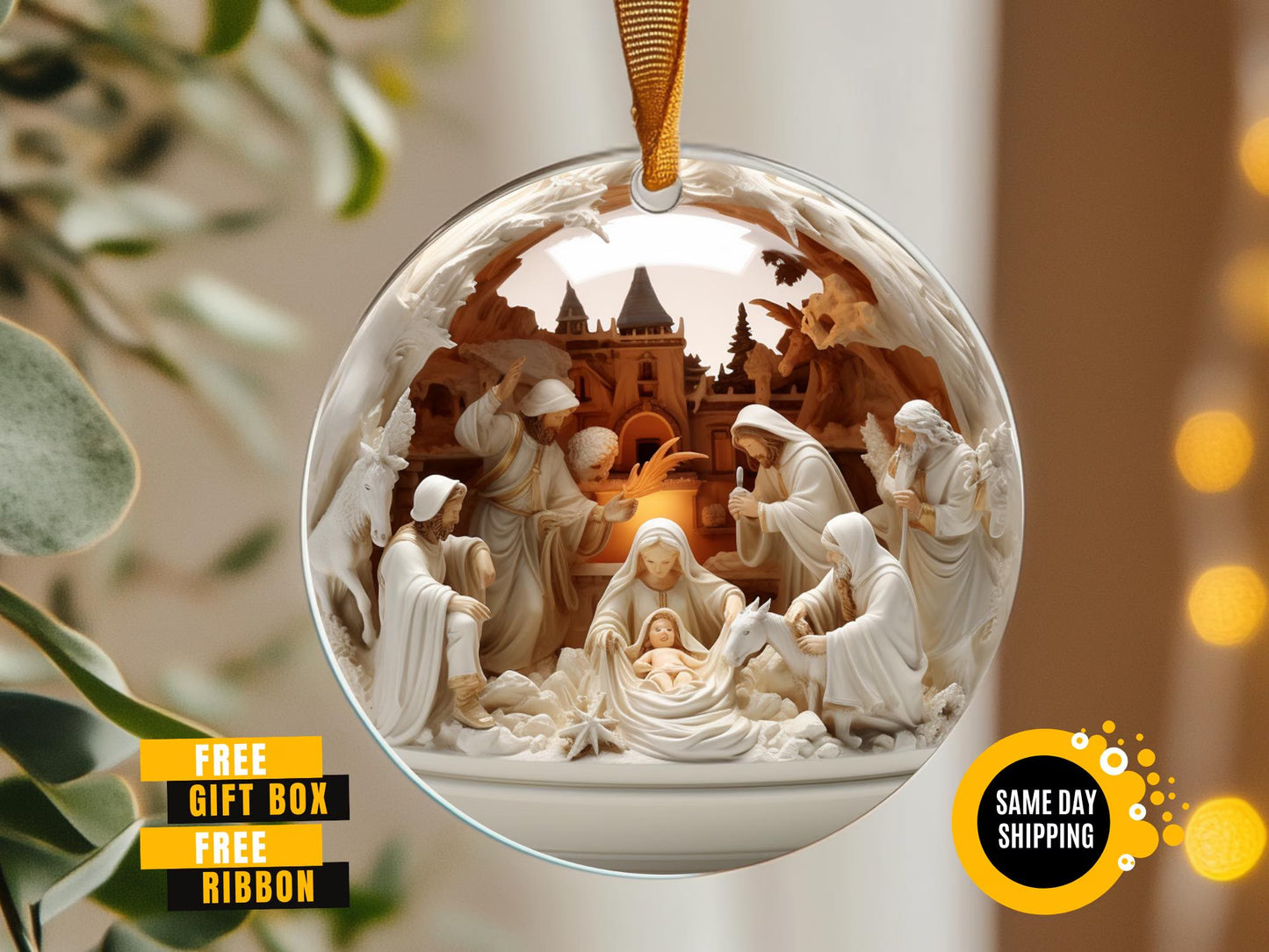 Nativity Christmas Ceramic Ornament, Christian Christmas Keepsake, the Greatest Gift of All Ornament, 3Deffect Flat Ornament Not Glass Globe