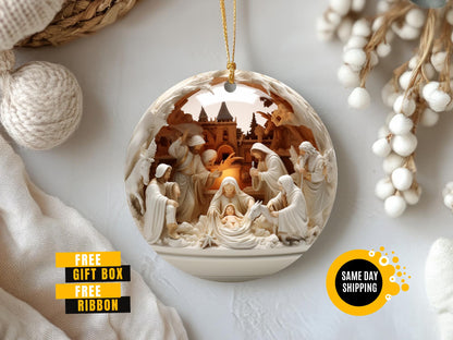 Nativity Christmas Ceramic Ornament, Christian Christmas Keepsake, the Greatest Gift of All Ornament, 3Deffect Flat Ornament Not Glass Globe