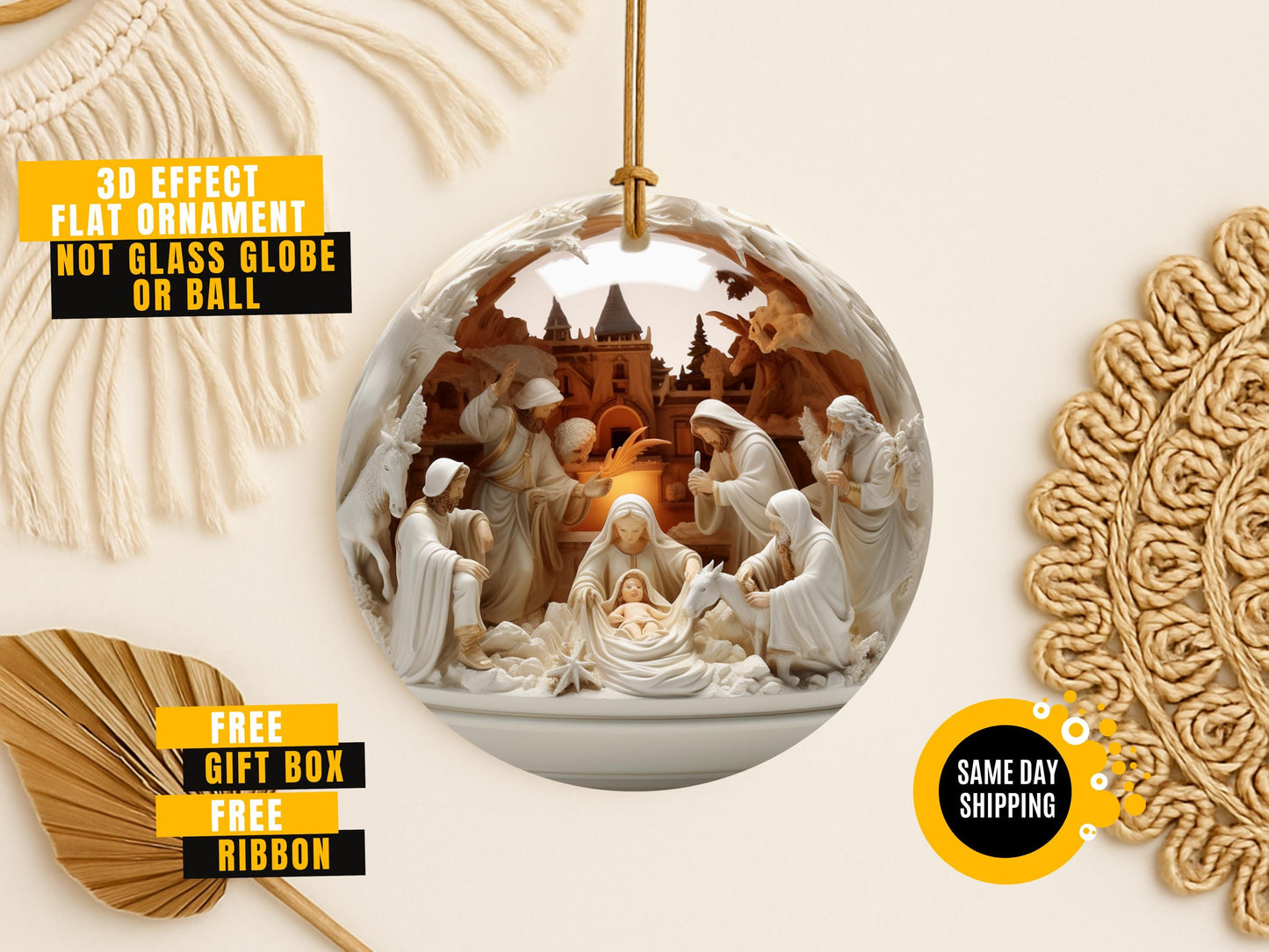 Nativity Christmas Ceramic Ornament, Christian Christmas Keepsake, the Greatest Gift of All Ornament, 3Deffect Flat Ornament Not Glass Globe